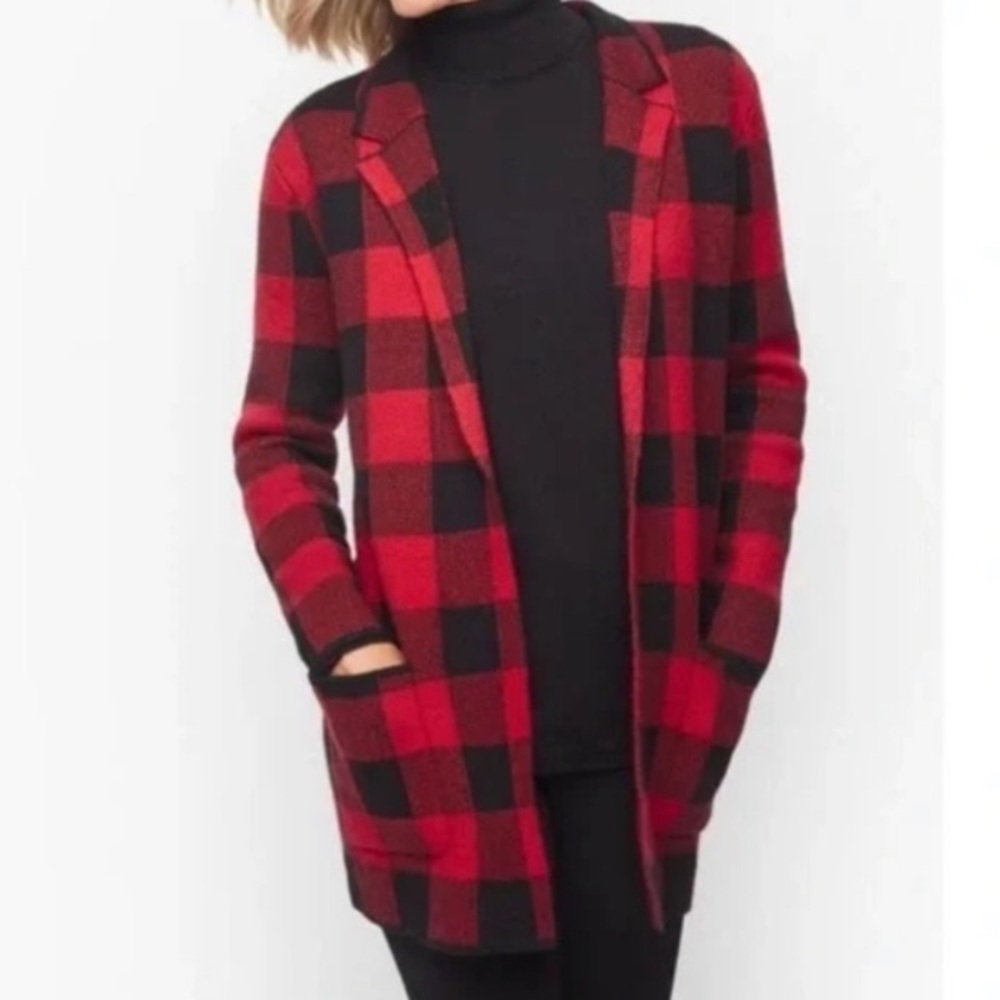 Talbots notch collar sweater jacket cardigan Buffalo plaid check XL